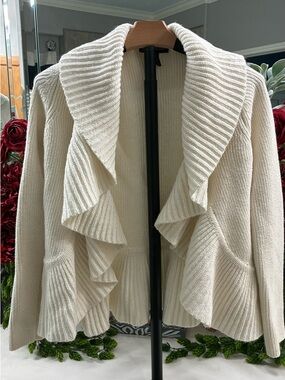INC International Concepts Cream Ruffle Knit Open-Front Cardigan